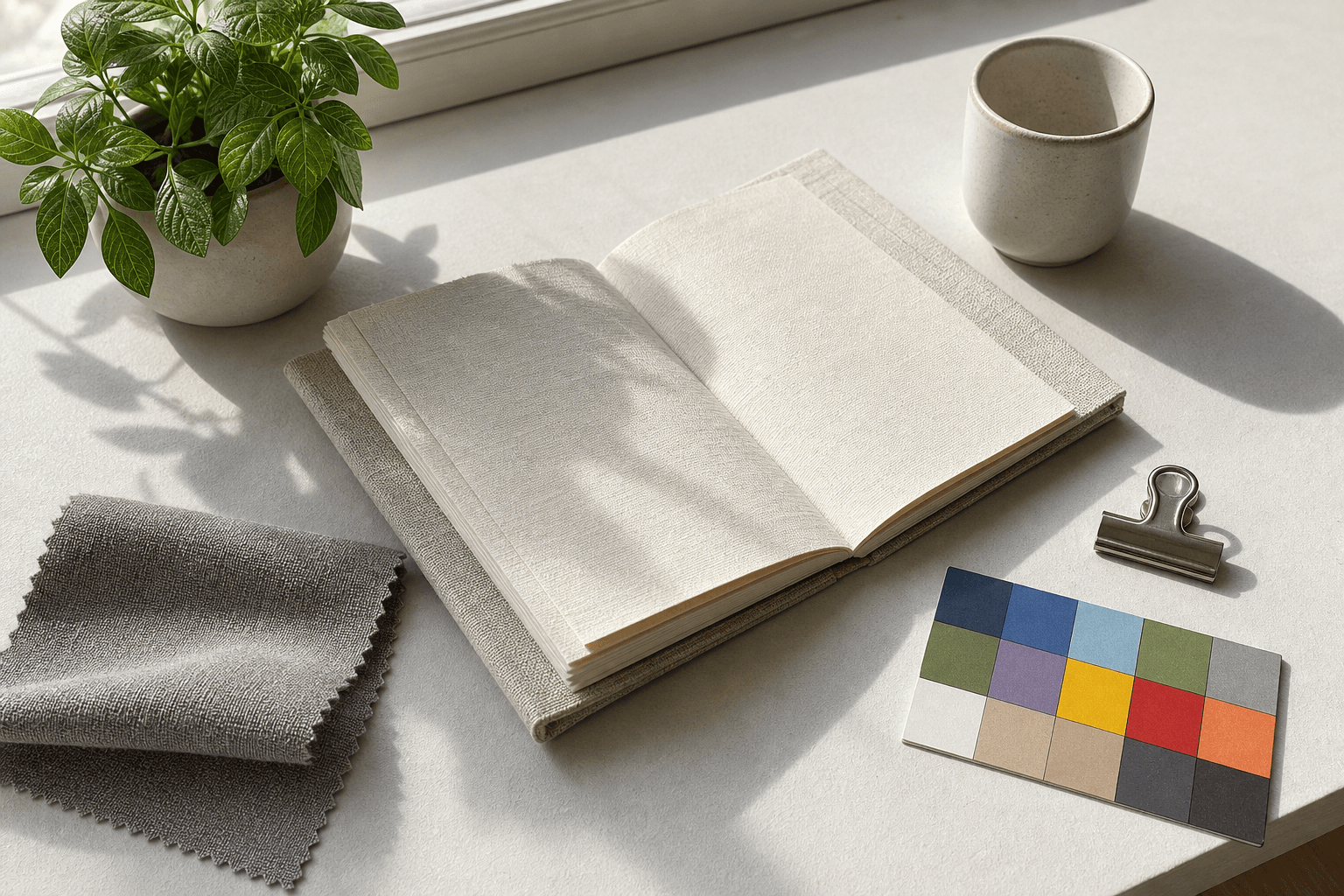 Site-owned photographic test source with a linen notebook, leaves, fabric, and color card